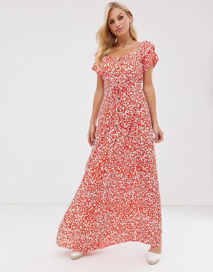 River Island Maxi Tea Dress With Frill Sleeves In Red