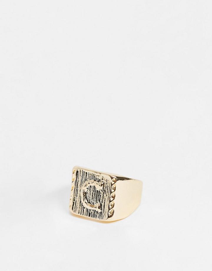 Asos Design Signet Ring With C Letter Design In Shiny Gold Tone