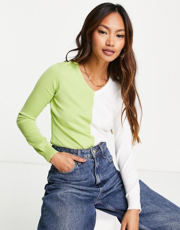 Gianni Feraud V-neck Split Color Sweater In Cream And Green-multi