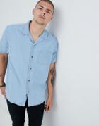 Asos Design Oversized Denim Shirt With Revere Collar In Light Wash - Blue
