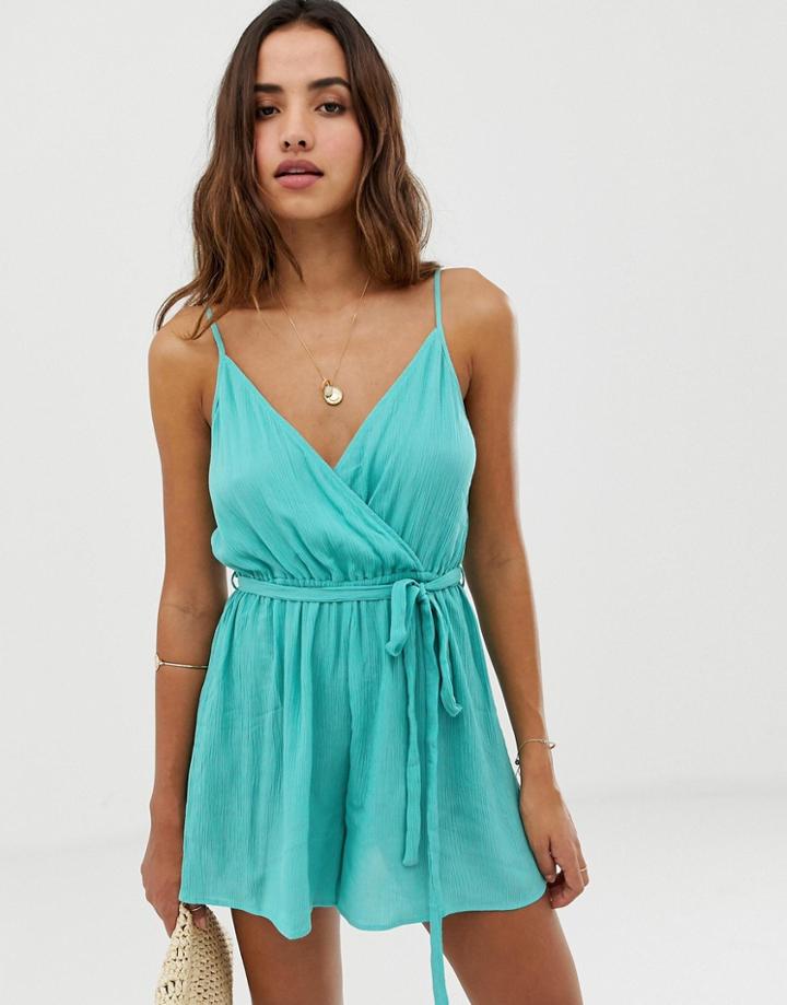 Asos Design Wrap Tie Front Strappy Romper In Crinkle-green