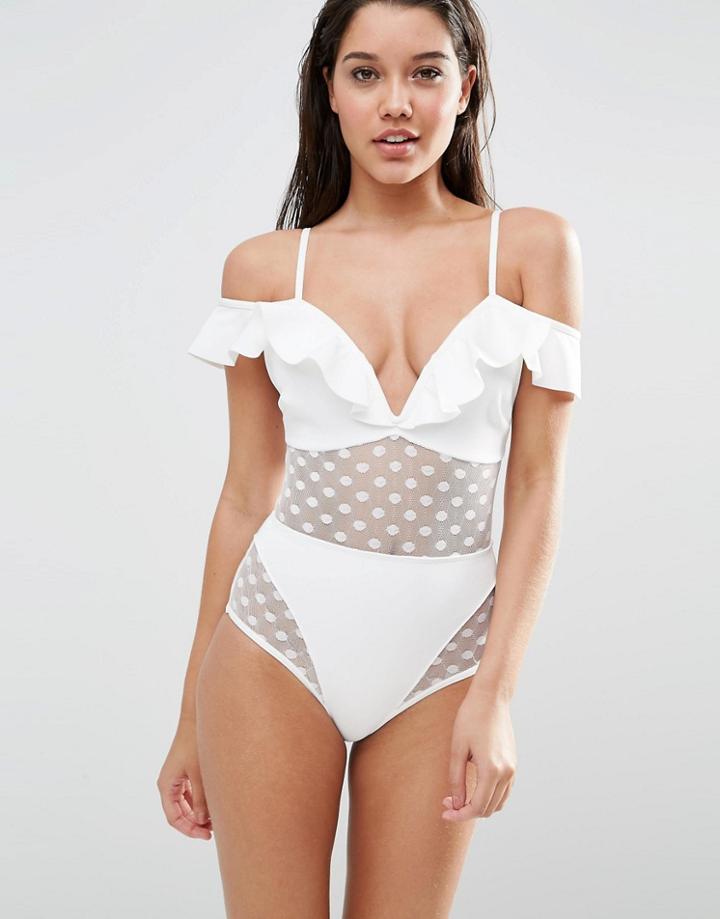 Asos Dot Mesh Insert Frill Sweetheart Swimsuit - Ivory