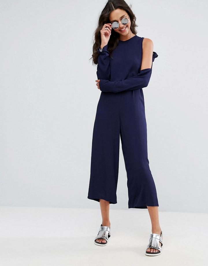 Asos Minimal Jumpsuit In Crinkle With Tie Cold Shoulder Detail - Navy