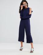 Asos Minimal Jumpsuit In Crinkle With Tie Cold Shoulder Detail - Navy