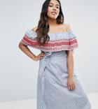 Asos Curve Off Shoulder Midi Sundress In Stripe Cotton With Embroidery - Blue
