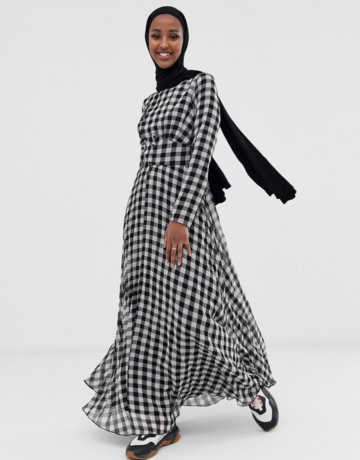 Asos Design Button Front Pleated Maxi Dress In Seersucker Gingham - Multi