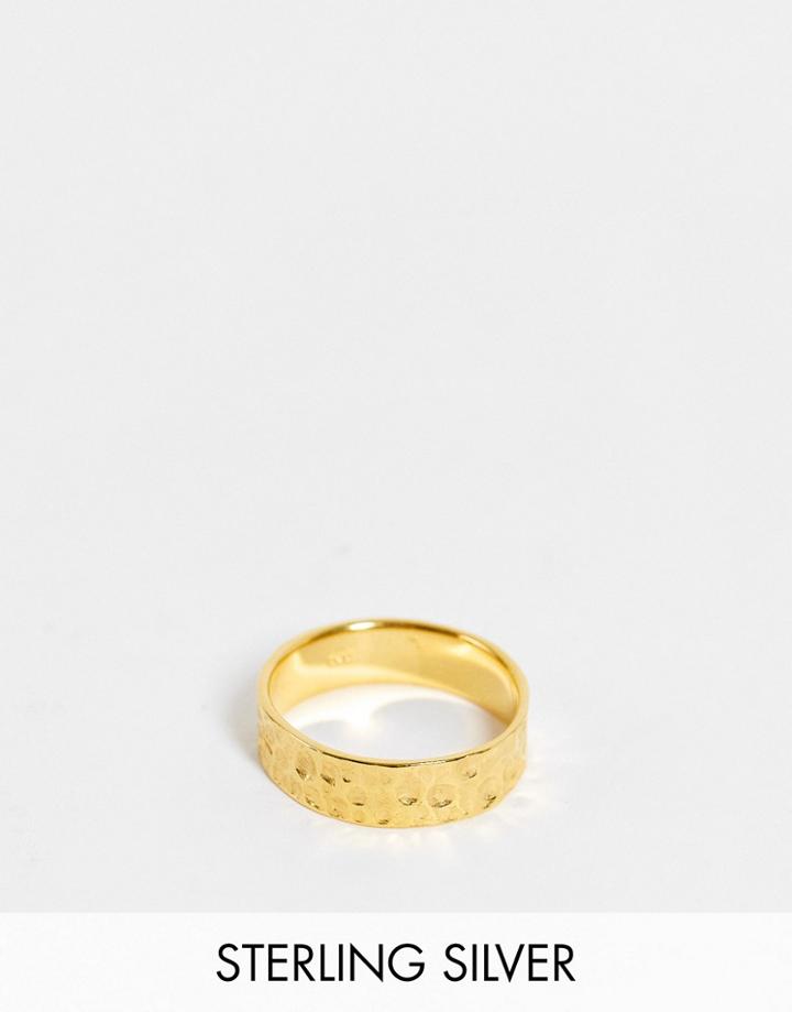 Asos Design Sterling Silver Band Ring With Hammered Texture In 14k Gold Plate