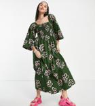 Collusion Angel Sleeve Shirred Floral Print Maxi Dress In Green