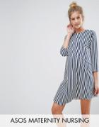 Asos Maternity Nursing 3/4 Sleeve Asymmetric Dress With Double Layer In Stripe - Navy