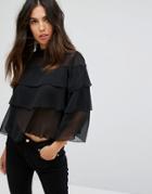 Qed London Blouse With Frill Overlay - Black