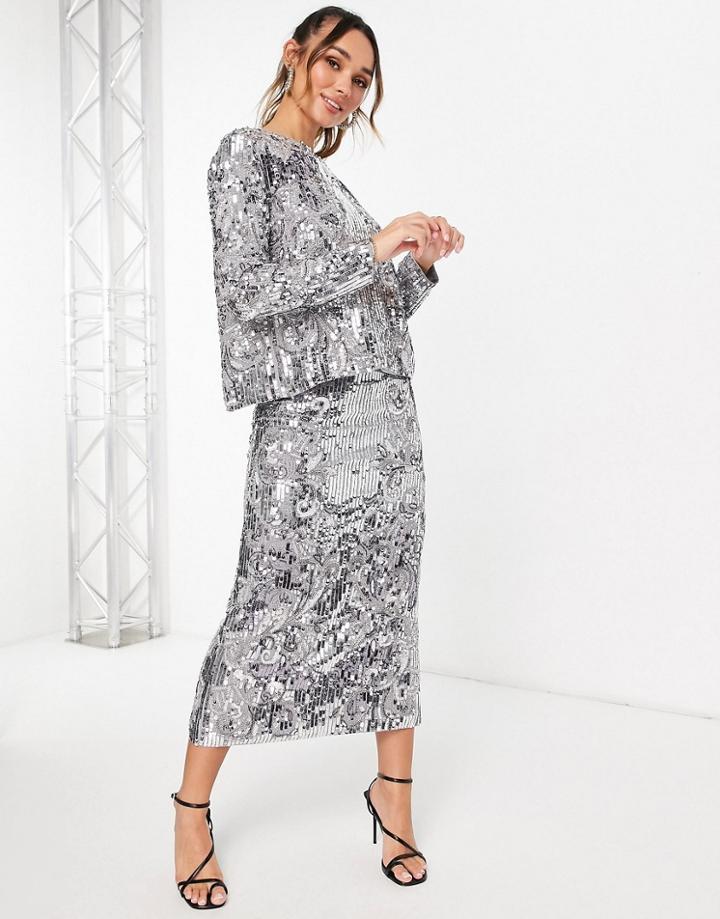 Asos Edition Mirrored Cat Sequin Midi Skirt-silver