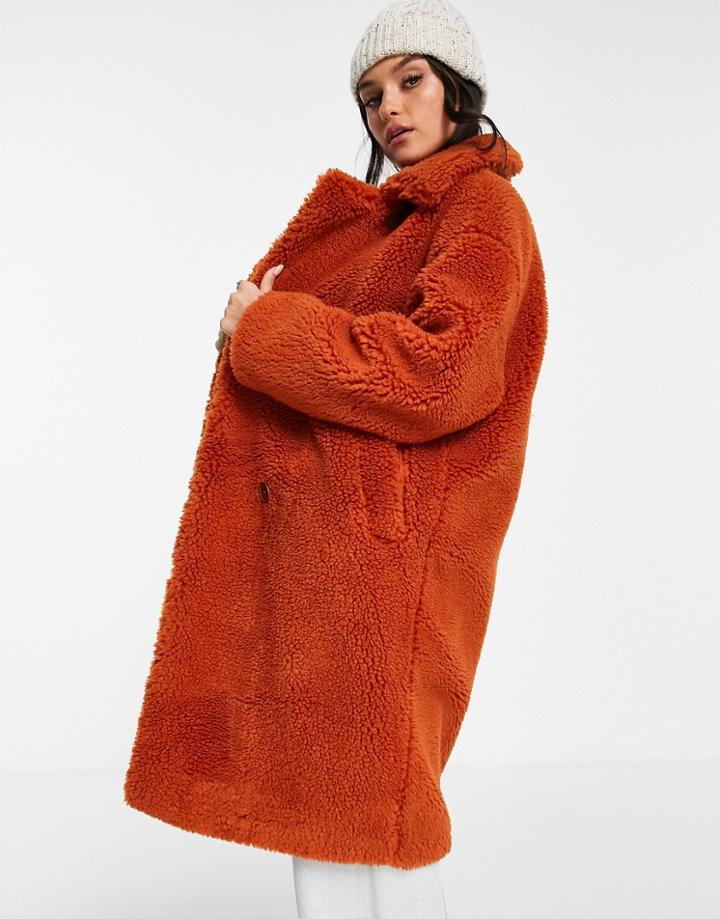 Monki Sherpa Coat In Rust-orange