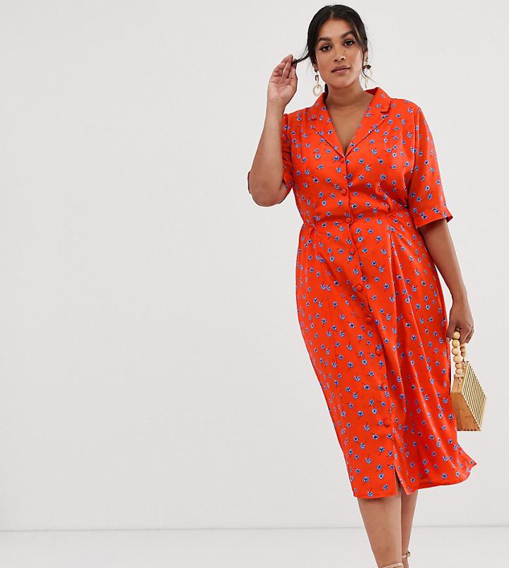 Fashion Union Plus Midi Fitted Shirt Dress In Floral - Red