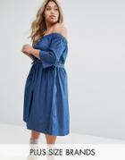 Lost Ink Plus Bardot Denim Dress With Tie Waist - Blue