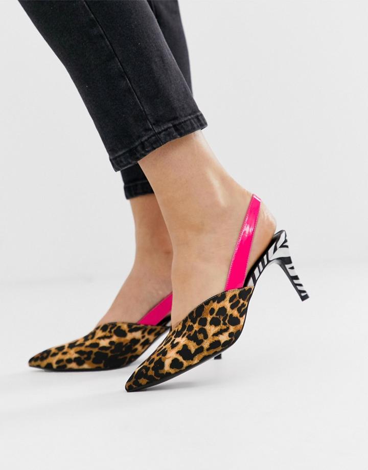 Asos Design Savannah Slingback Kitten Heels In Leopard And Zebra Mix - Multi