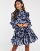 Keepsake Halo Floral Mini Dress With Volume Sleeve-navy