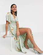 Y.a.s Midi Wrap Dress With Fluted Sleeve In Floral Print-multi