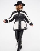 The Couture Club Contrast Shearling Padded Jacket With Belt In Black-multi