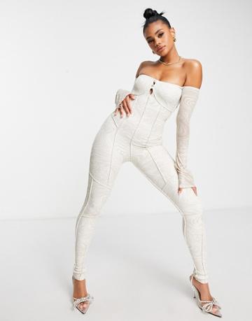Bad Society Club Off Shoulder Long Sleeve Jumpsuit In Cream Swirl Print-multi
