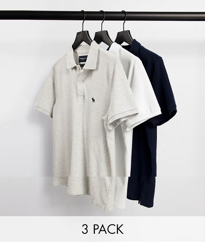 Abercrombie & Fitch 3-pack Icon Logo Pique Polo Shirts In Navy, Gray & White-multi