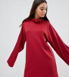 Prettylittlething High Neck Oversized Ribbed Dress In Dark Red - Brown