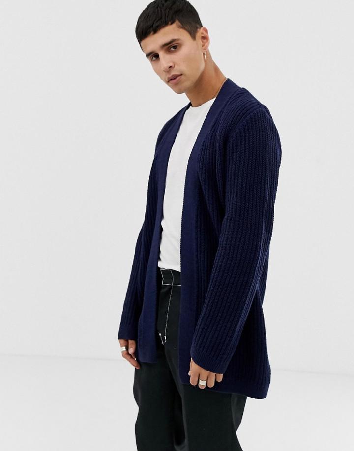 Asos Design Relaxed Fit Fisherman Rib Cardigan In Navy - Navy