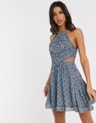 Asos Design High Neck Mini Dress With Cut Outs And Godets In Embellishment-blues