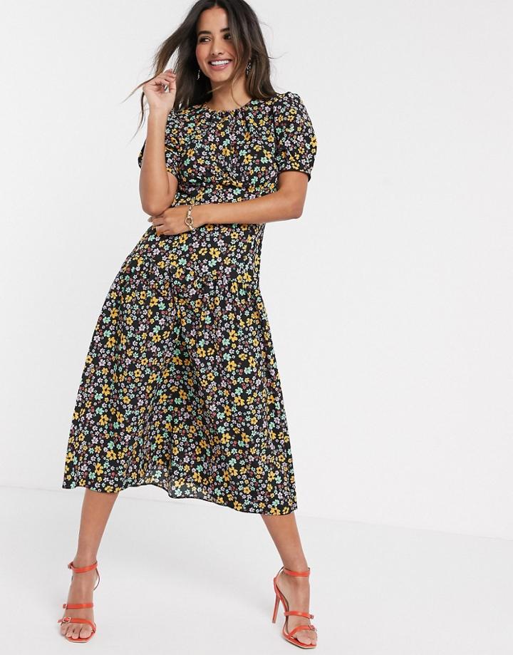 Asos Design Midi Tea Dress With Dropped Waist In Floral Print-multi
