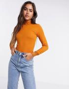 Y.a.s Ribbed Long Sleeve Top With Lace Trim In Orange-brown
