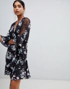 Liquorish Bird And Floral Print Wrap Mini Dress With Mesh Sleeves - Black