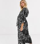 Asos Design Maternity Tie Waist Jumpsuit In Black Base Animal Print
