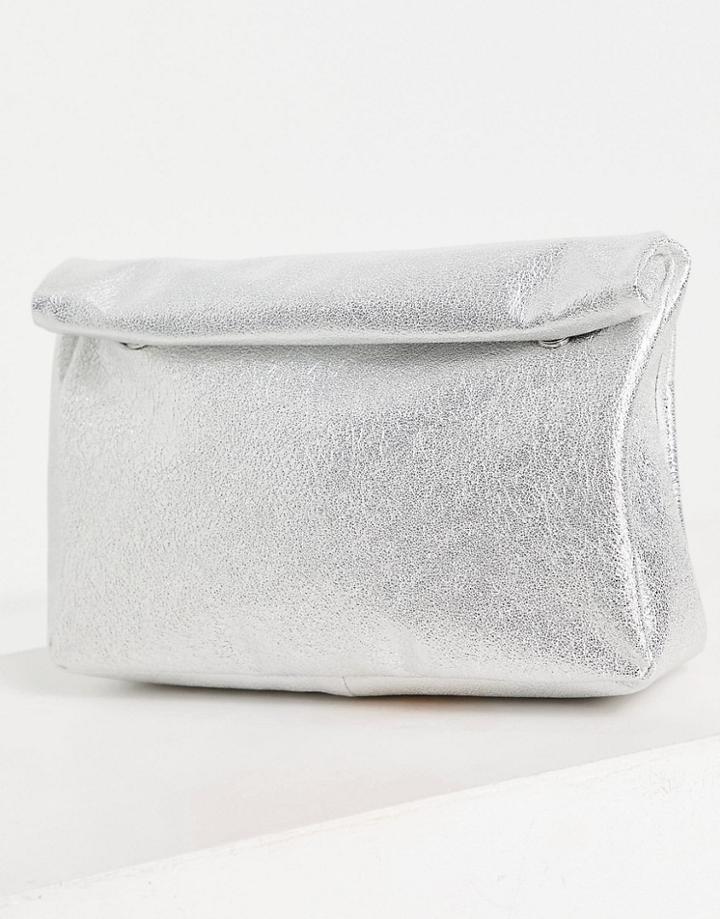 Asos Design Roll Top Clutch In Metallic Silver