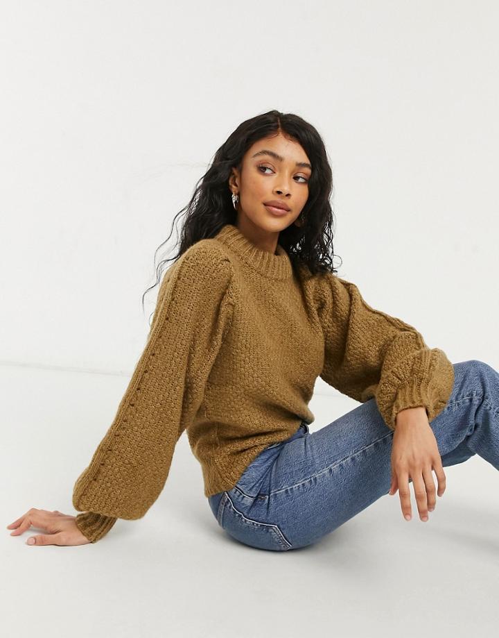 Asos Design Crew Neck Sweater With Stitch Detail In Brown