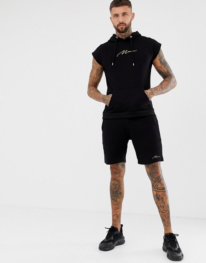 Boohooman Gold Embroidered Tank Short Tracksuit In Black - Black