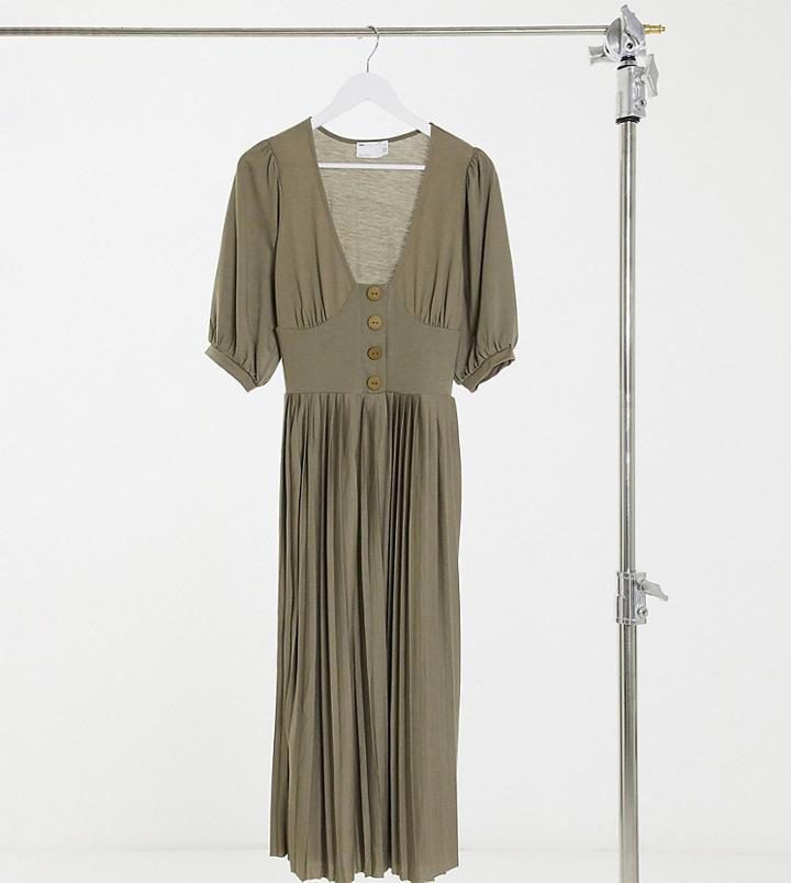 Asos Design Tall Midi Short Sleeve Pleated Dress With Button Detail In Khaki-green