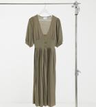 Asos Design Tall Midi Short Sleeve Pleated Dress With Button Detail In Khaki-green