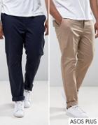 Asos Plus 2 Pack Slim Chinos In Stone & Navy Save - Multi