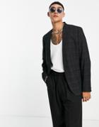 Asos Design Skinny Collarless Blazer In Black Crosshatch Check