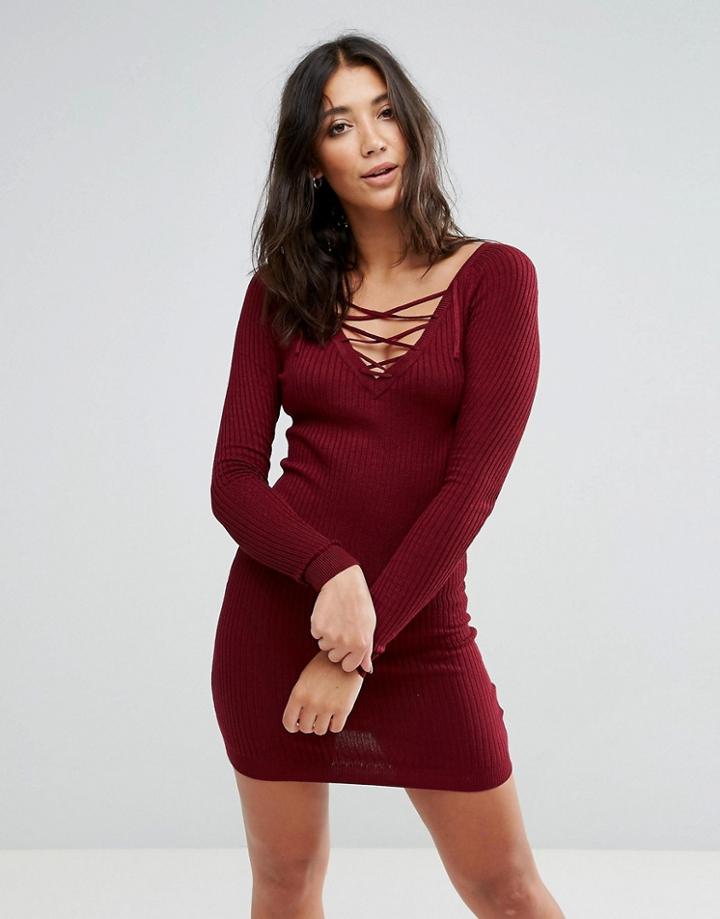 Brave Soul Lace Detail Rib Dress - Red