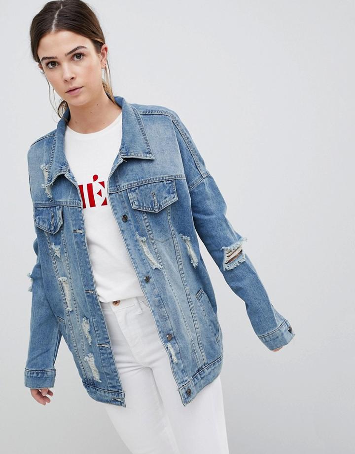 Qed London Distressed Oversized Denim Jacket - Blue