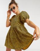 Asos Design Mini Tiered Smock Dress In Black And Yellow Leopard Print
