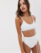 Asos Design Broderie Rope Detail High Waist High Leg Bikini Bottom In White