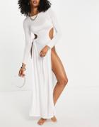 Asos Design Long Sleeve Cut Out Super Thigh High Slit Maxi Dress In White