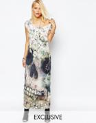 Religion Maxi T-shirt Dress With Floral Skull Print - Green Multi