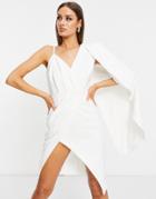 Lavish Alice One Shoulder Cape Midi Pencil Dress With Thigh Slit In White