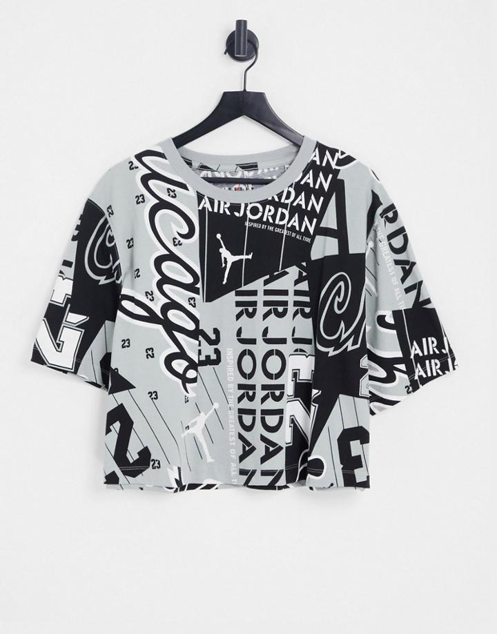 Nike Jordan Plus Core Essentials All Over Print Boxy T-shirt In Gray/black
