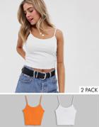 New Look Shirred Crop Tank Top In White And Orange 2 Pack