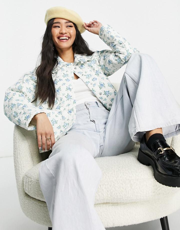 Miss Selfridge Quilted Lightweight Jacket In Blue Floral Print-white