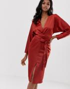 Asos Design Midi Dress With Batwing Sleeve And Wrap Waist In Satin - Red