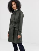 Rains Long Curve Jacket With Tie Belt - Green